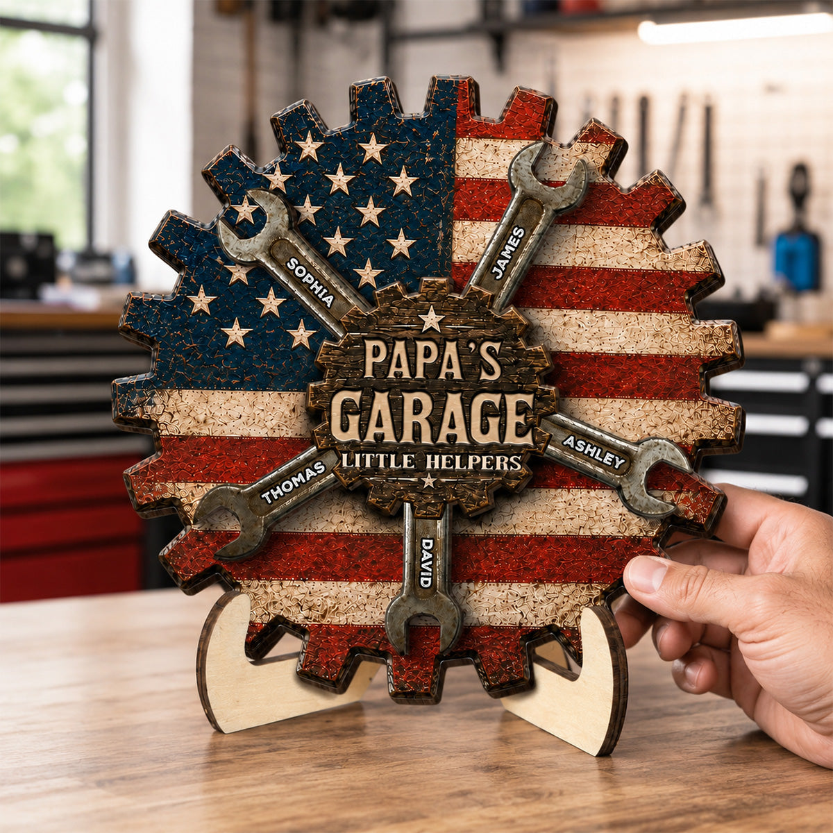 Rustic Workshop Little Helpers Nation Flag Theme 2D Flat - Personalized 2-Layered Wooden Plaque - Gift For Patriotic Mechanic Dad, Grandpa