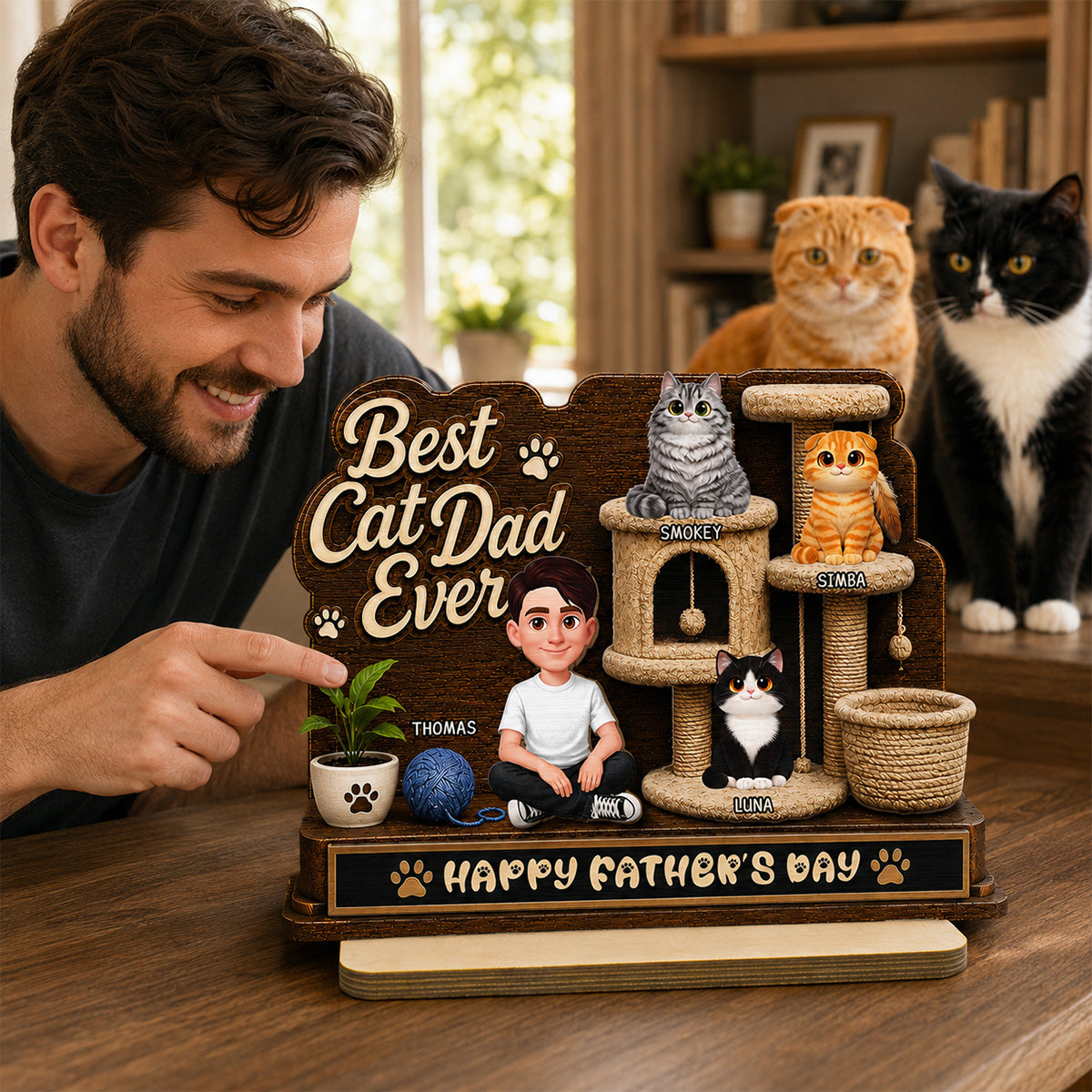 Best Cat Dad Ever Man Sitting Cute Cats On Cat Tree 2D Flat - Personalized 2-Layered Wooden Plaque - Gift For Cat Dad