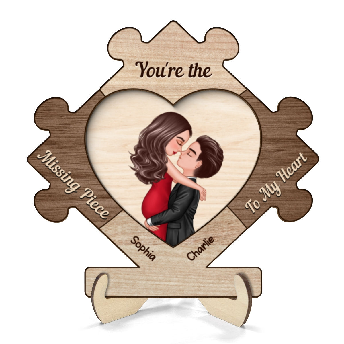 Couple Kissing In Puzzle Piece Personalized 2-layer Wooden Plaque, Gift For Him, For Her