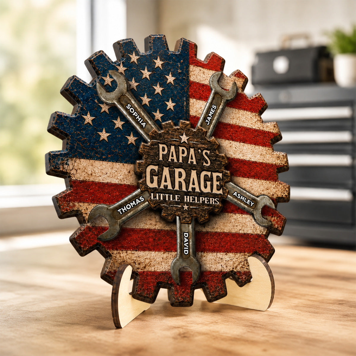 Rustic Workshop Little Helpers Nation Flag Theme 2D Flat - Personalized 2-Layered Wooden Plaque - Gift For Patriotic Mechanic Dad, Grandpa
