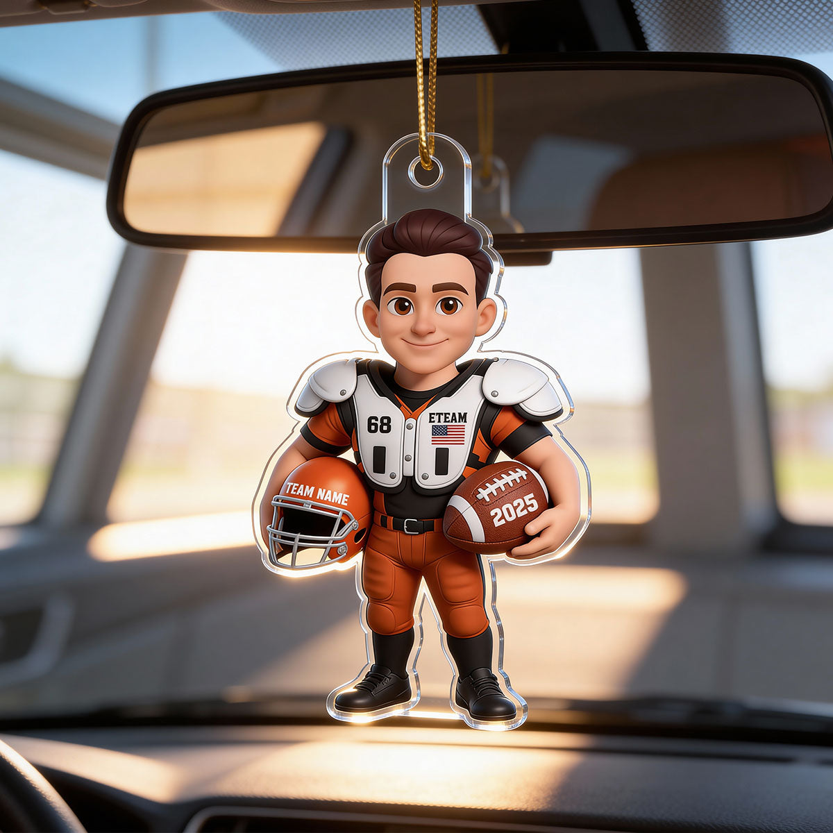 3D Effect Proud American Football Player - Personalized Acrylic Car Hanger - Gift For Football Lovers, Grandson, Son, Husband
