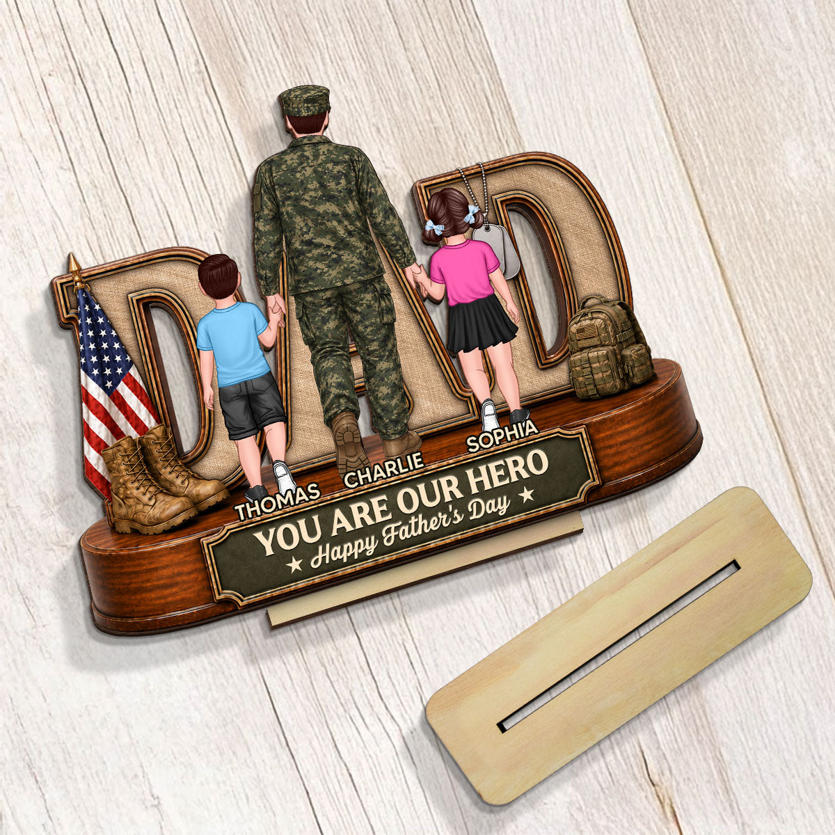 Proud American Army Dad You Are Our Hero - Personalized 2-Layered Wooden Plaque - Gift For Dad, Husband