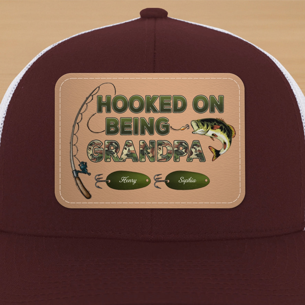 Hooked On Being Grandpa Papa Fishing Camouflage Personalized Leather Patch Hat, Father's Day gift