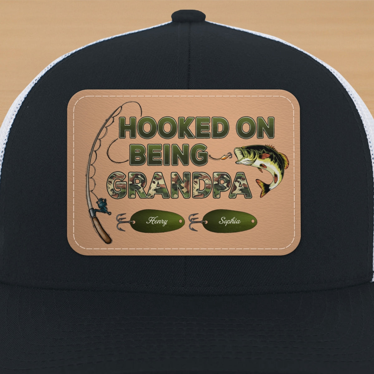 Hooked On Being Grandpa Papa Fishing Camouflage Personalized Leather Patch Hat, Father's Day gift
