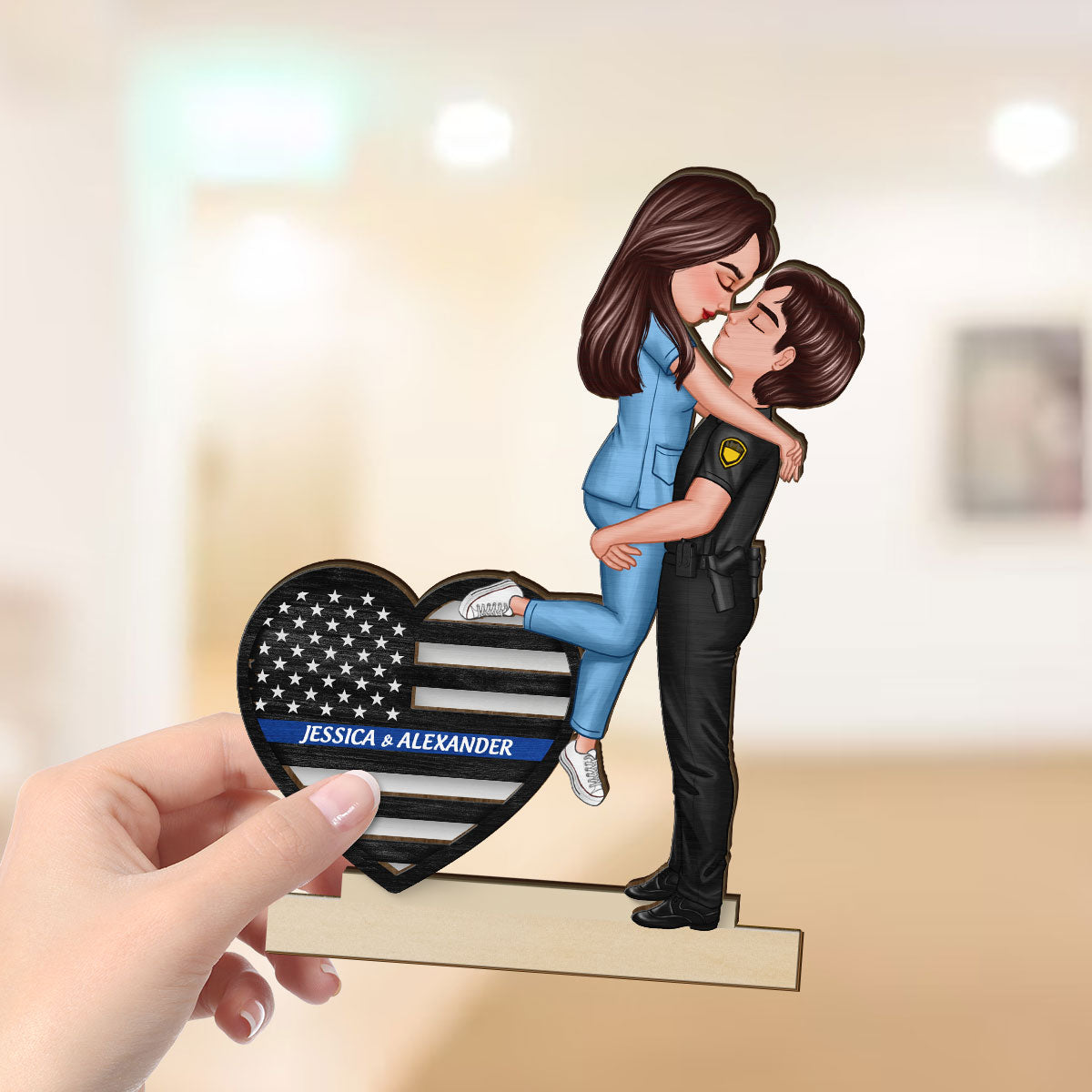 Hero Couple Hugging Kissing Keepsake Gift by Occupation Personalized 2-Layer Standing Wooden Plaque