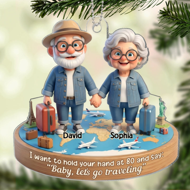 3D Effect Old Couple Baby Let's Go Traveling - Personalized Acrylic Car Hanger - Sentimental Gift for him, for her