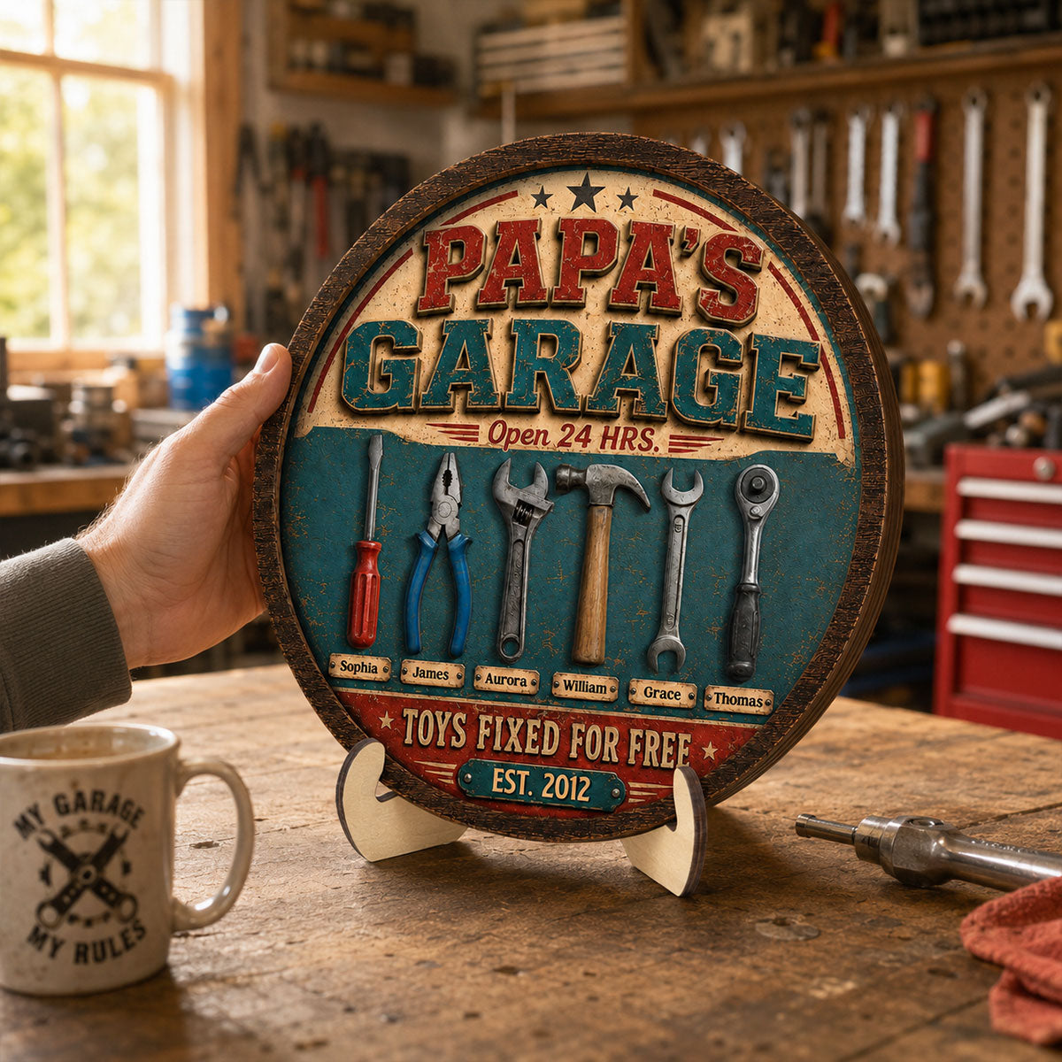 Papa Dad's Garage Toys Fixed For Free Custom Kid Name 2D Flat - Personalized 2-Layered Wooden Plaque - Gift For Mechanic Dad, Grandpa