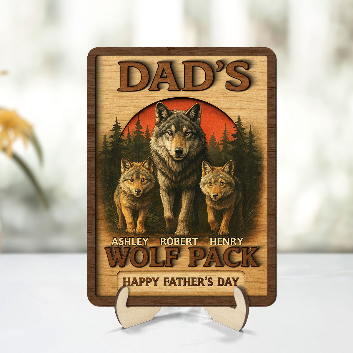 Dad's Wolf Pack Personalized 2-Layered Wooden Plaque, Gift for Dad