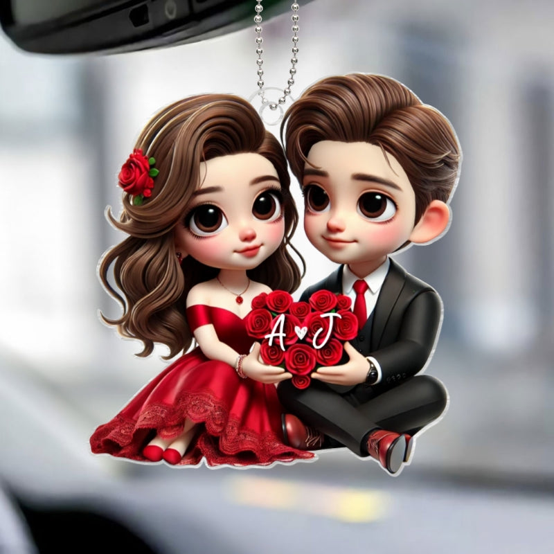 Romantic Couple Roses Personalized Acrylic Car Hanger, Anniversary Gift for him, Gift for her