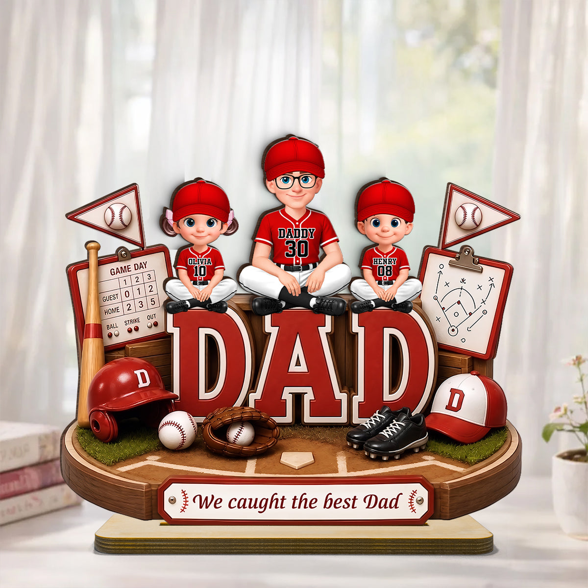 Baseball Dad Kids We Caught The Best Dad - Personalized 2-Layered Wooden Plaque - Gift For Dad, Husband
