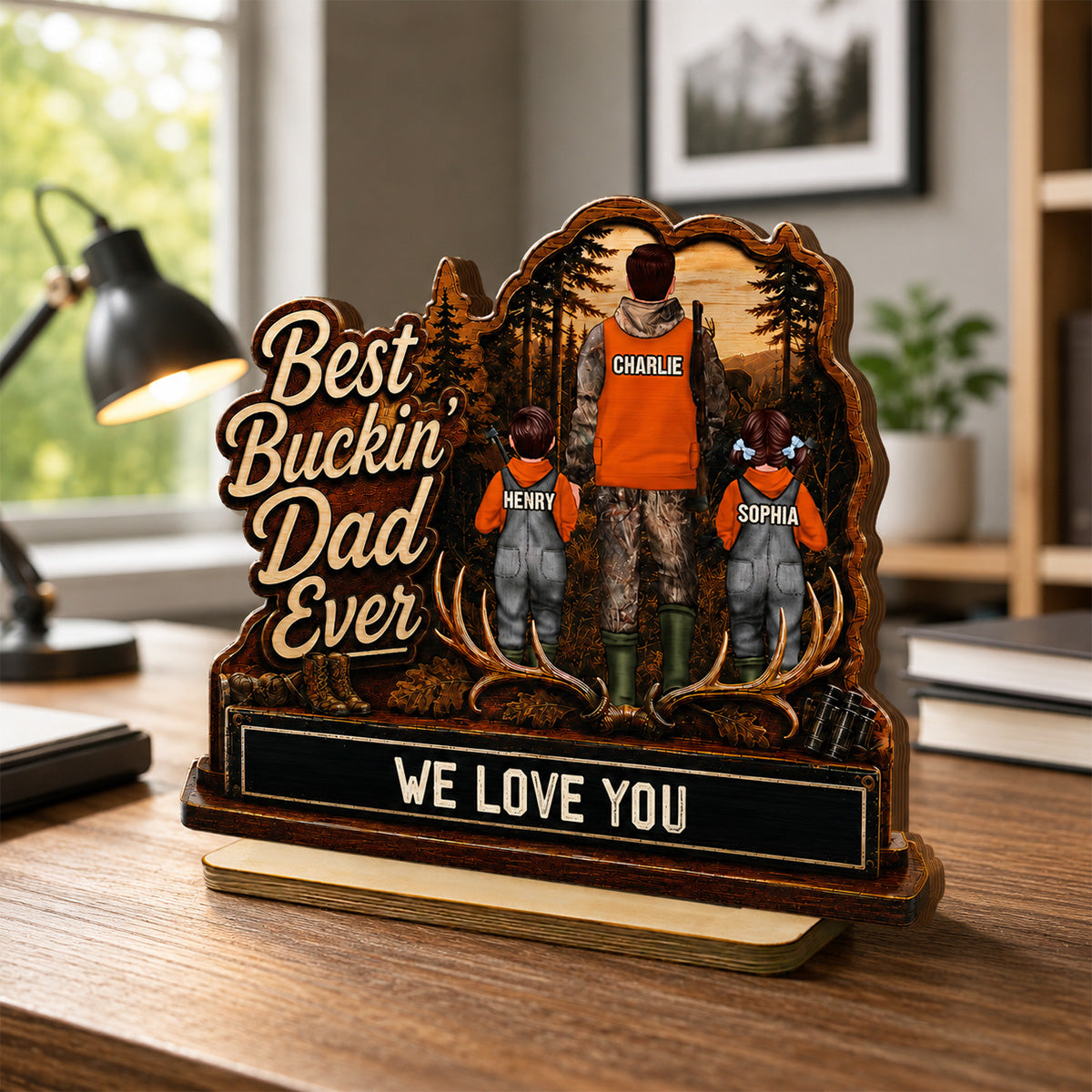 Best Buckin' Dad Papa Ever Hunting Man & Kids 2D Flat - Personalized 2-Layered Wooden Plaque - Gift For Hunting Dad, Grandpa
