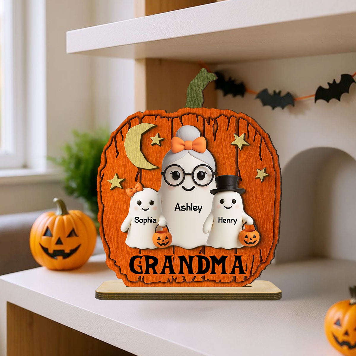 Halloween Grandma Grandkids Boo Pumpkin Shaped Pesonalized 2-Layer Standing Wooden Plaque, Tabletop Tier Tray Decor