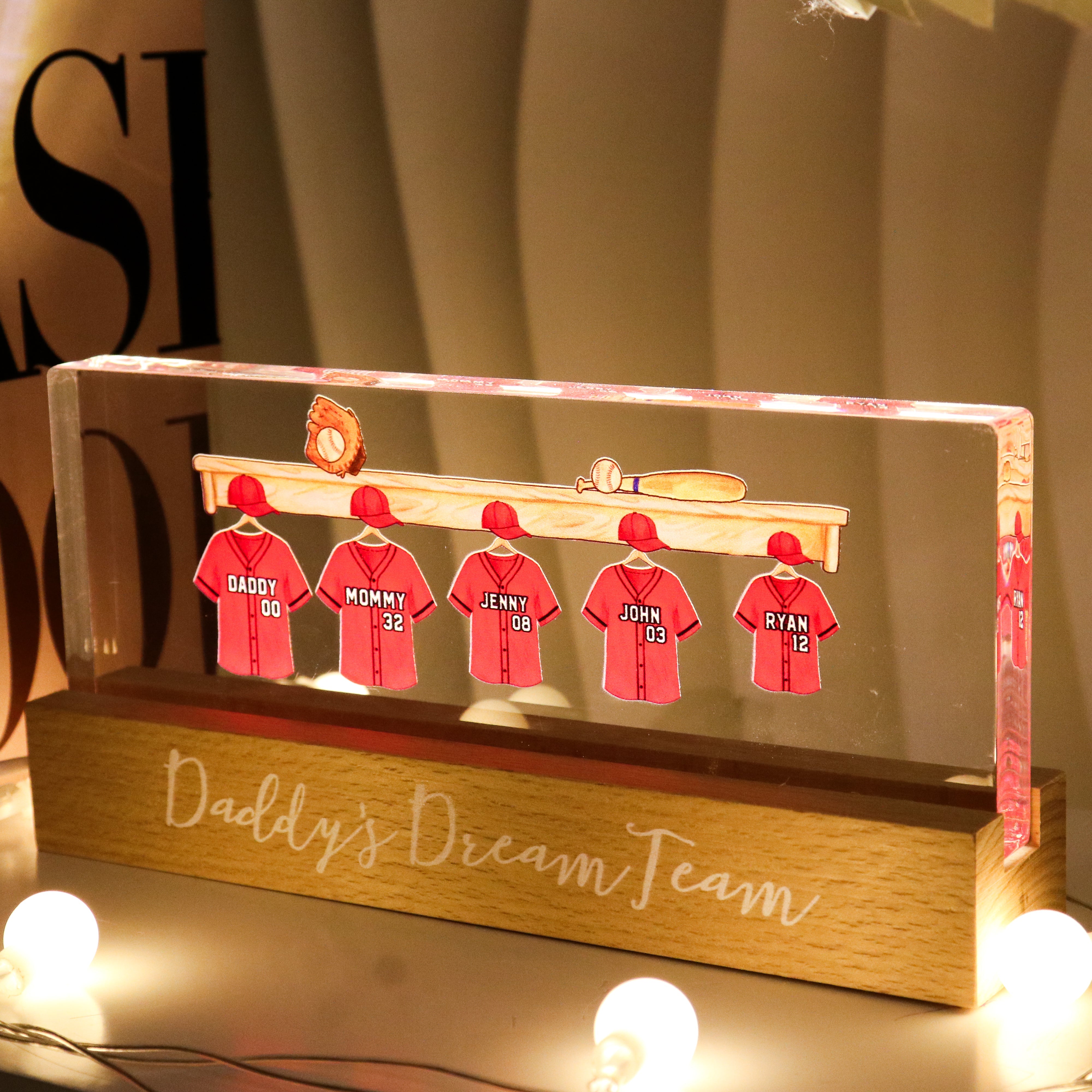Daddy's Baseball Team Personalized Acrylic Block LED Night Light