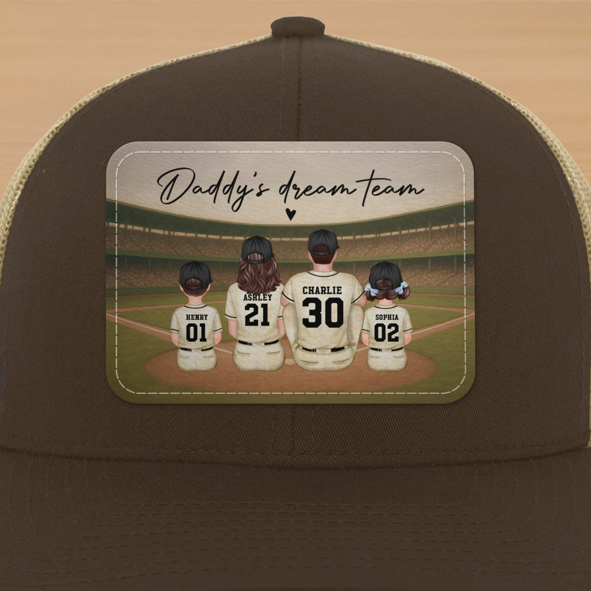 Retro Vintage Baseball Daddy's Dream Team Personalized Leather Patch Hat, Gift For Dad