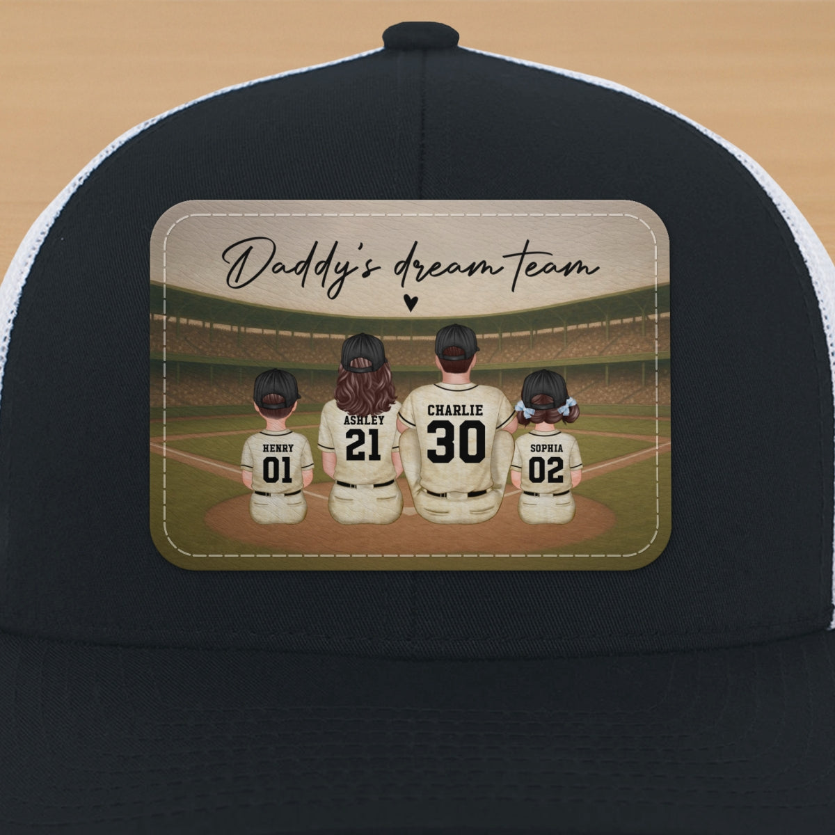 Retro Vintage Baseball Daddy's Dream Team Personalized Leather Patch Hat, Gift For Dad