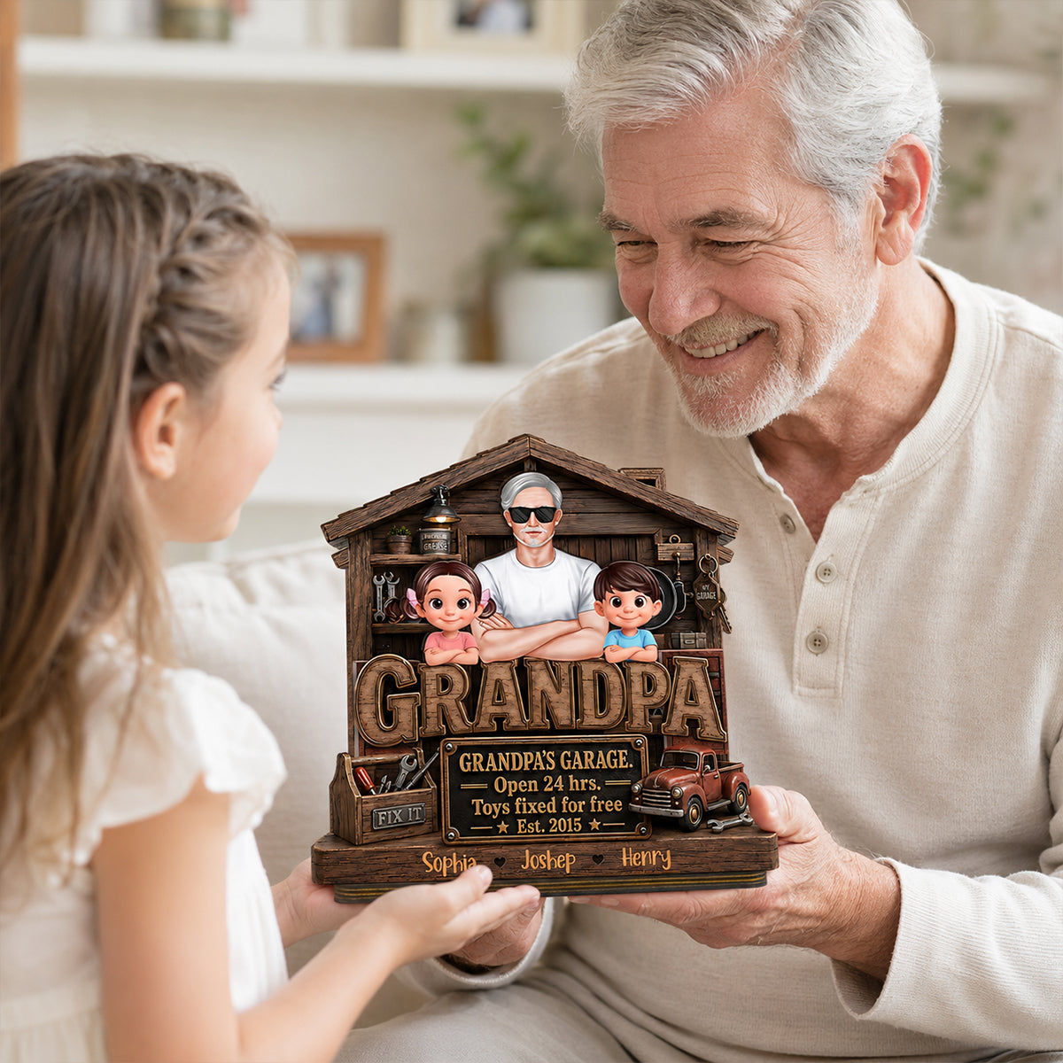 Grandpa's Garage - Personalized 2-Layered Wooden Plaque - Gift for Dad, Grandpa, Husband