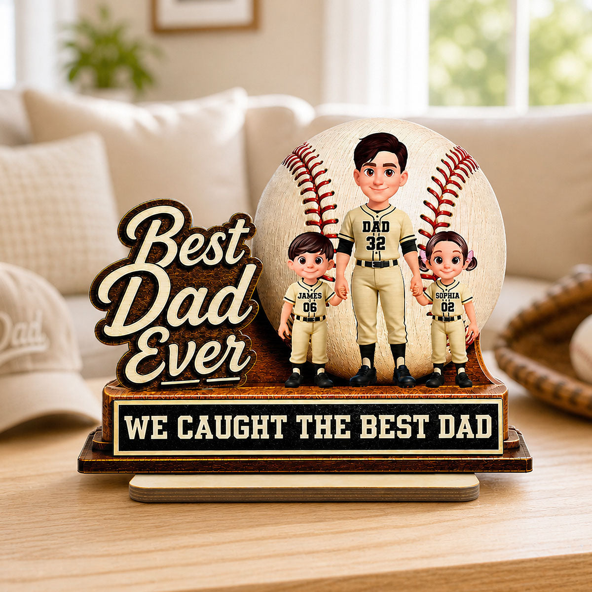 We Caught The Best Dad Dad & Kids - Personalized 2-Layered Wooden Plaque - Happy For Baseball Softball Dad
