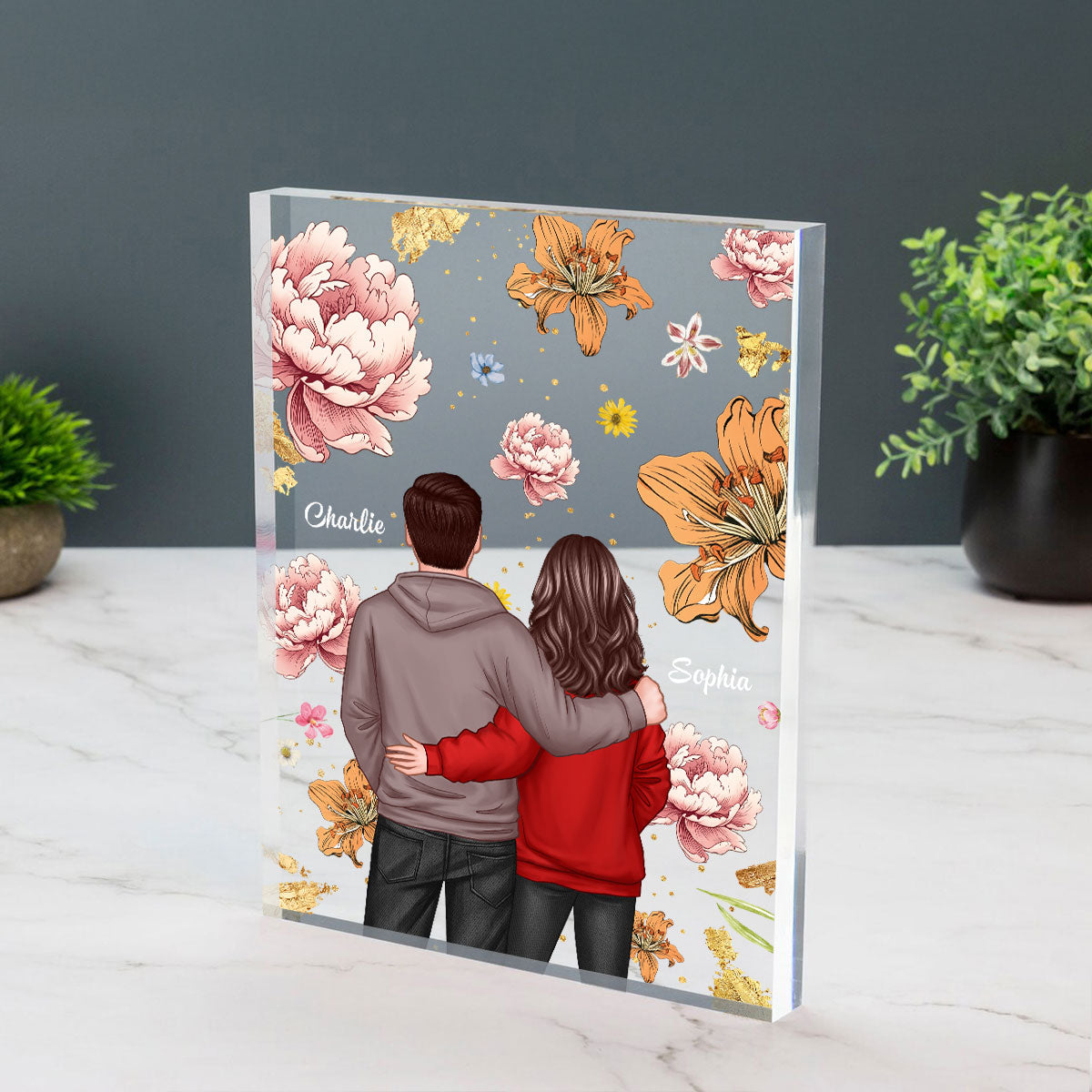 Couple Hugging Back View Birth Month Flower Personalized Acrylic Block Plaque, Heartfelt 2025 Gift, Anniversary Gift For Girlfriend, For Wife