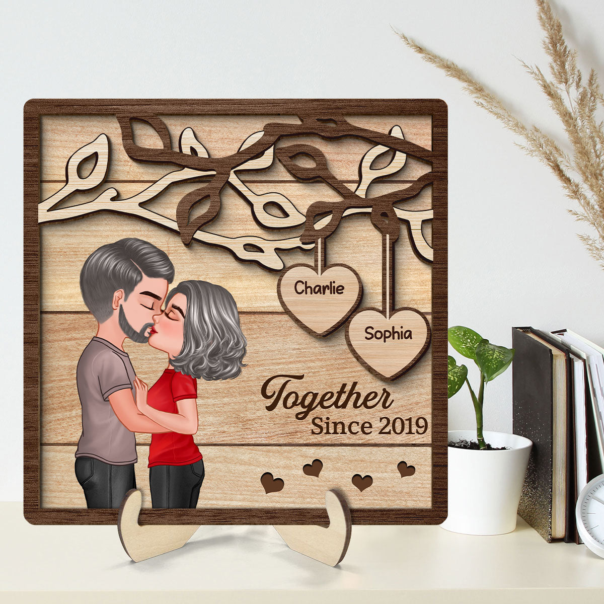 Couple Kissing Under Tree Gift For Her Gift For Him Personalized 2-Layer Wooden Plaque