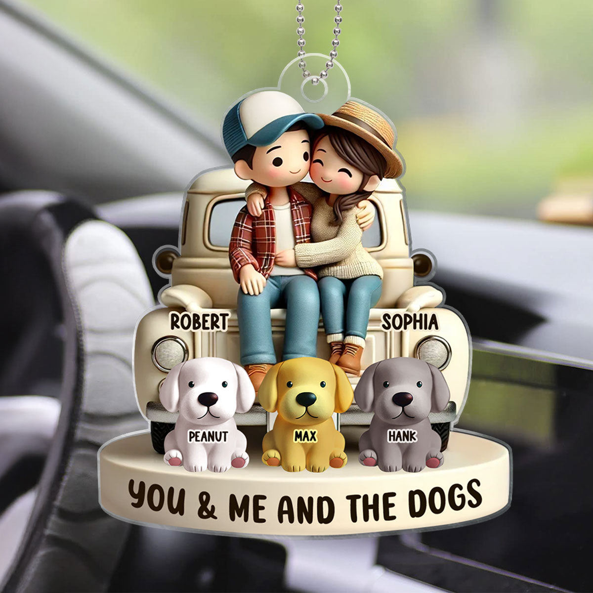 3D Effect Couple On Truck You Me And The Dog Cats Personalized Acrylic Car Hanger Ornament, Heartfelt 2025 Gift For Couple, For Dog Lovers, Cat Lovers