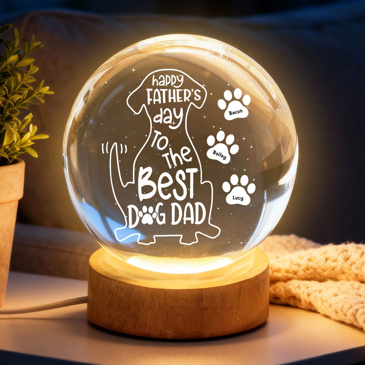 Happy Dog Dad - Personalized Crystal Ball LED Night Light - Heartfelt Gift for Husband
