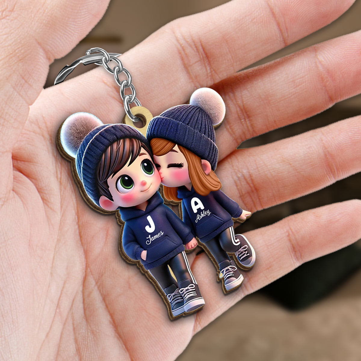 3D Effect Cute Cartoon Couple Walking Personalized Wooden Keychain, Gift for Him, Gift for Her