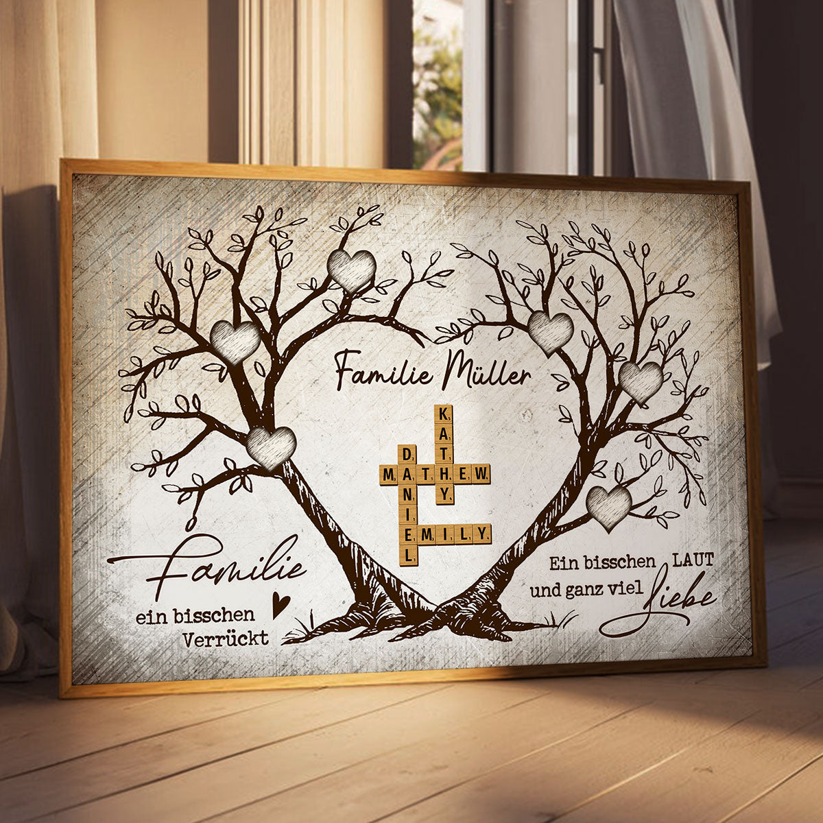 Personalisiertes Familien-Poster – Herzbaum & Kreuzwortrtsel – Fr immer verbunden – Geschenk fr Familie, Mann & Frau