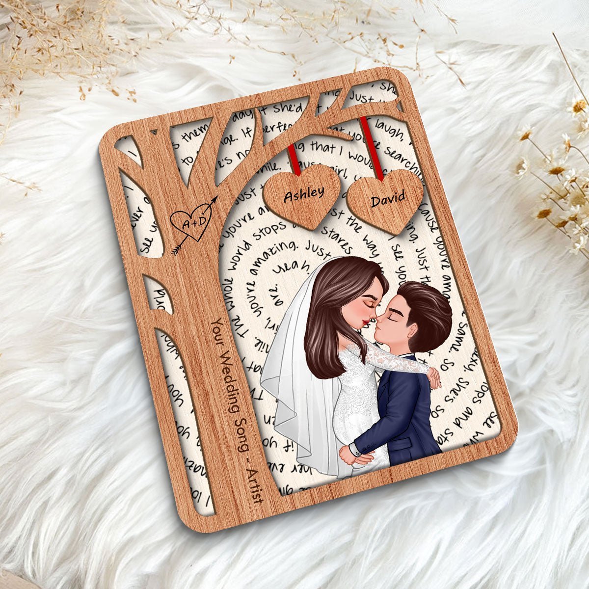 Couple Kissing Under Tree Custom Vinyl Lyrics Personalized Music 2-Layered Wooden Plaque, Wedding Song Dance, Gift for her & for him