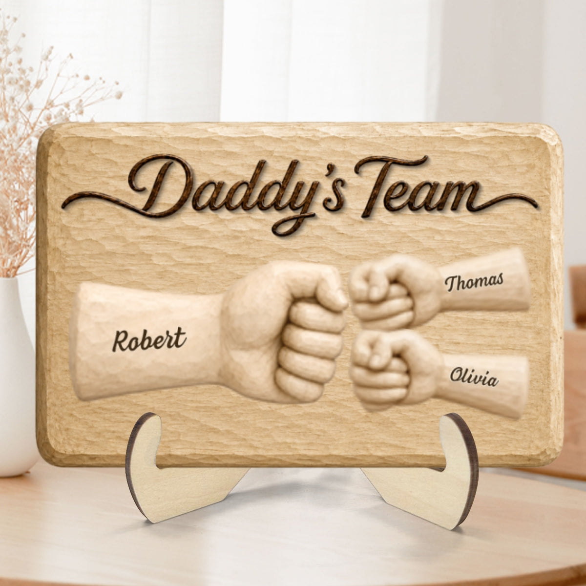 Sentimental Rustic Daddy's Team Fist Bump - Personalized 2-Layered Wooden Plaque - Gift For Dad, Husband