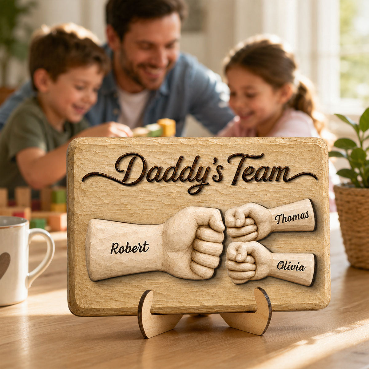 Sentimental Rustic Daddy's Team Fist Bump - Personalized 2-Layered Wooden Plaque - Gift For Dad, Husband