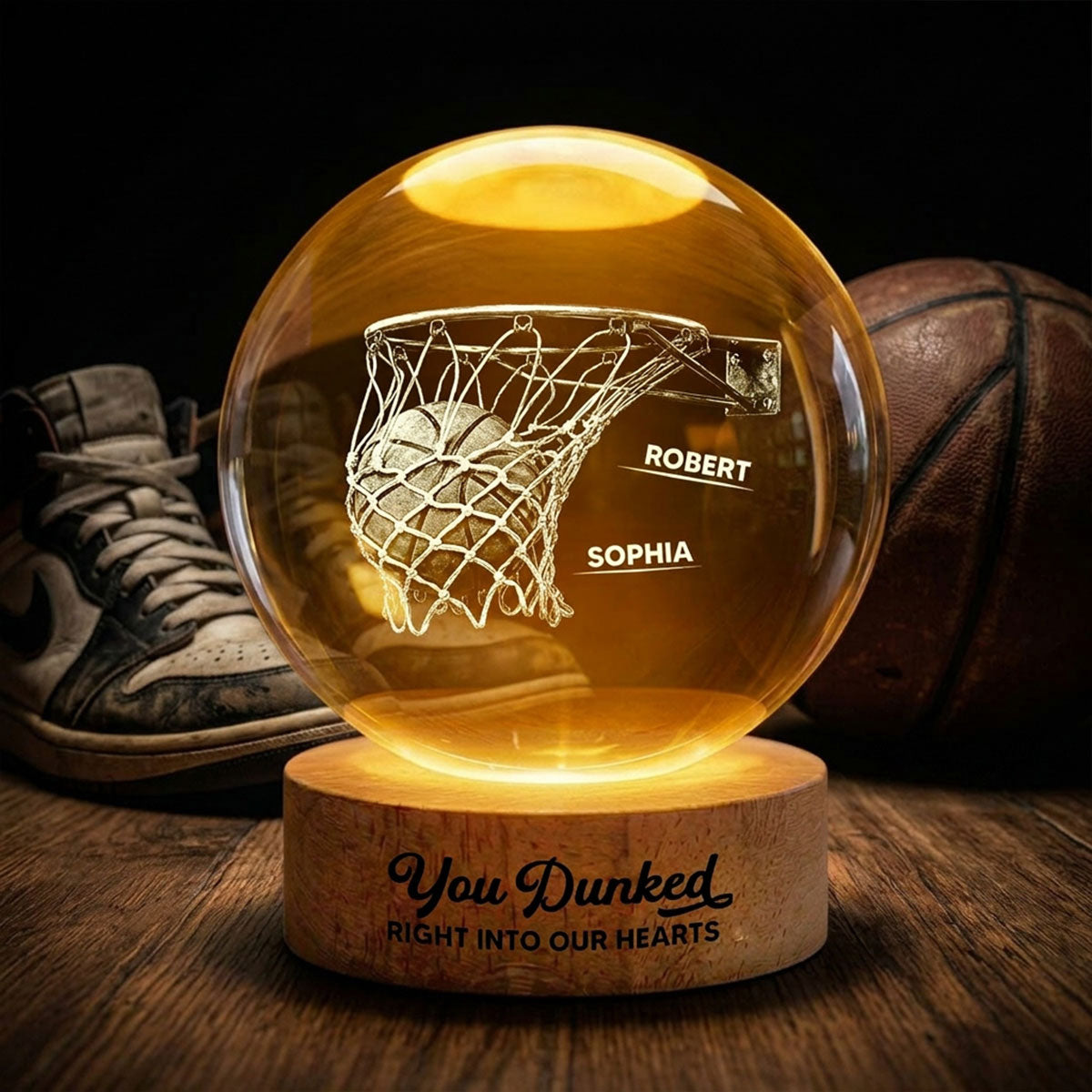 We Dunked Right Into Our Heart - Personalized Crystal Ball LED Night Light - Gift For Basketball Dad