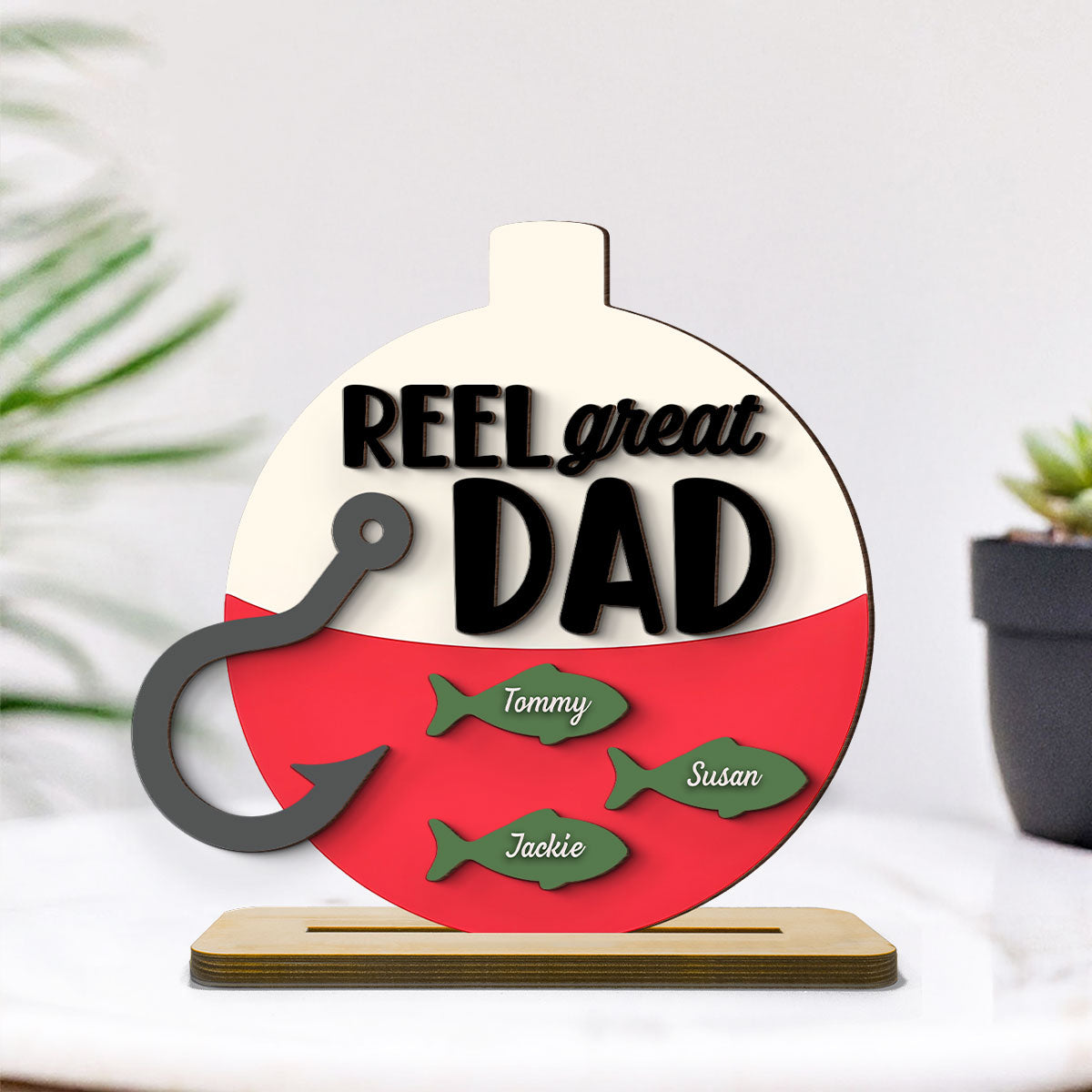 Reel Great Dad Grandpa Personalizd 2-Layer Standing Wooden Plaque, gift for Fishing Dad Grandpa