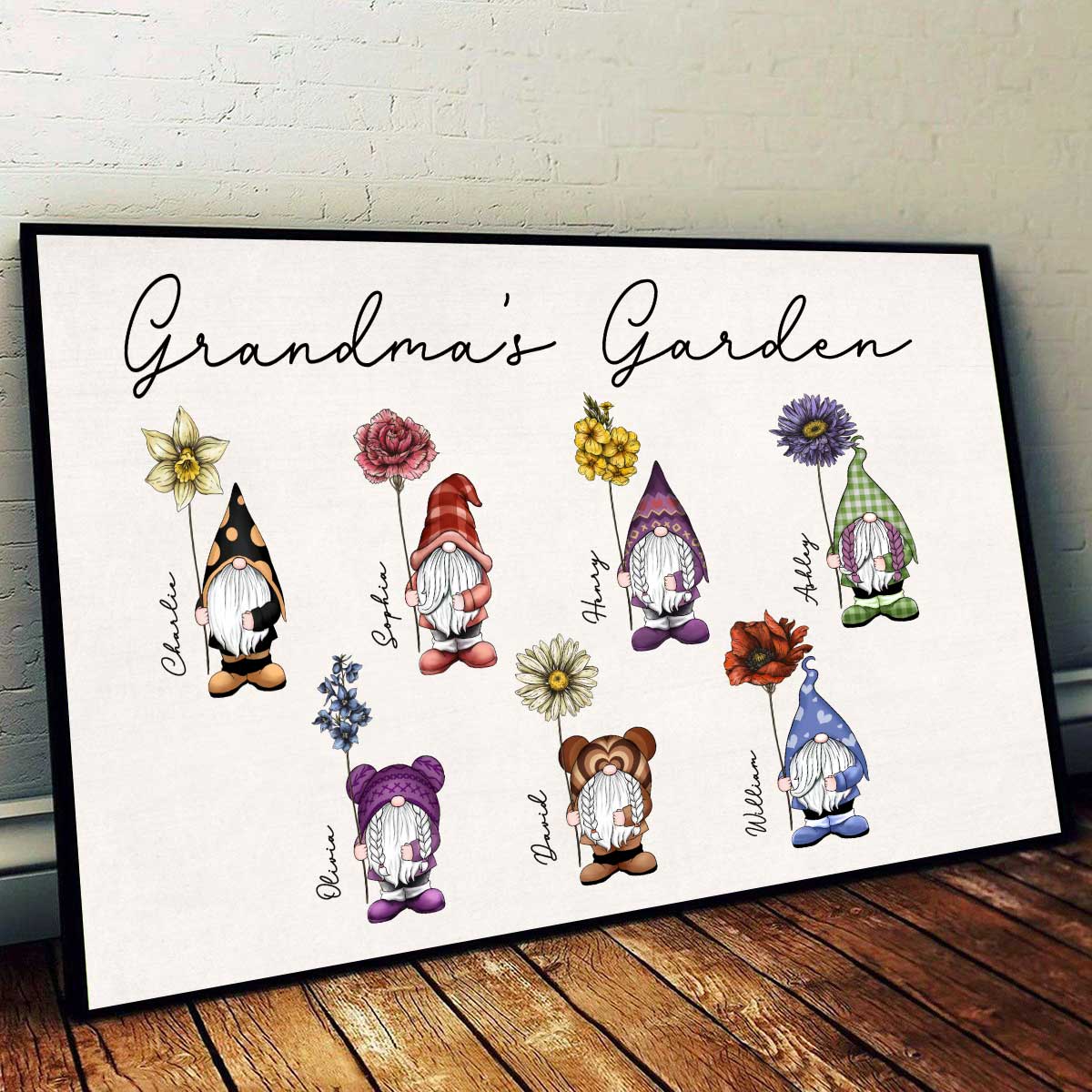 Gift For Grandma Mom Grandma‘s Garden Beautiful Vintage Birth Flowers Cute Gnomes Personalized Horizontal Poster