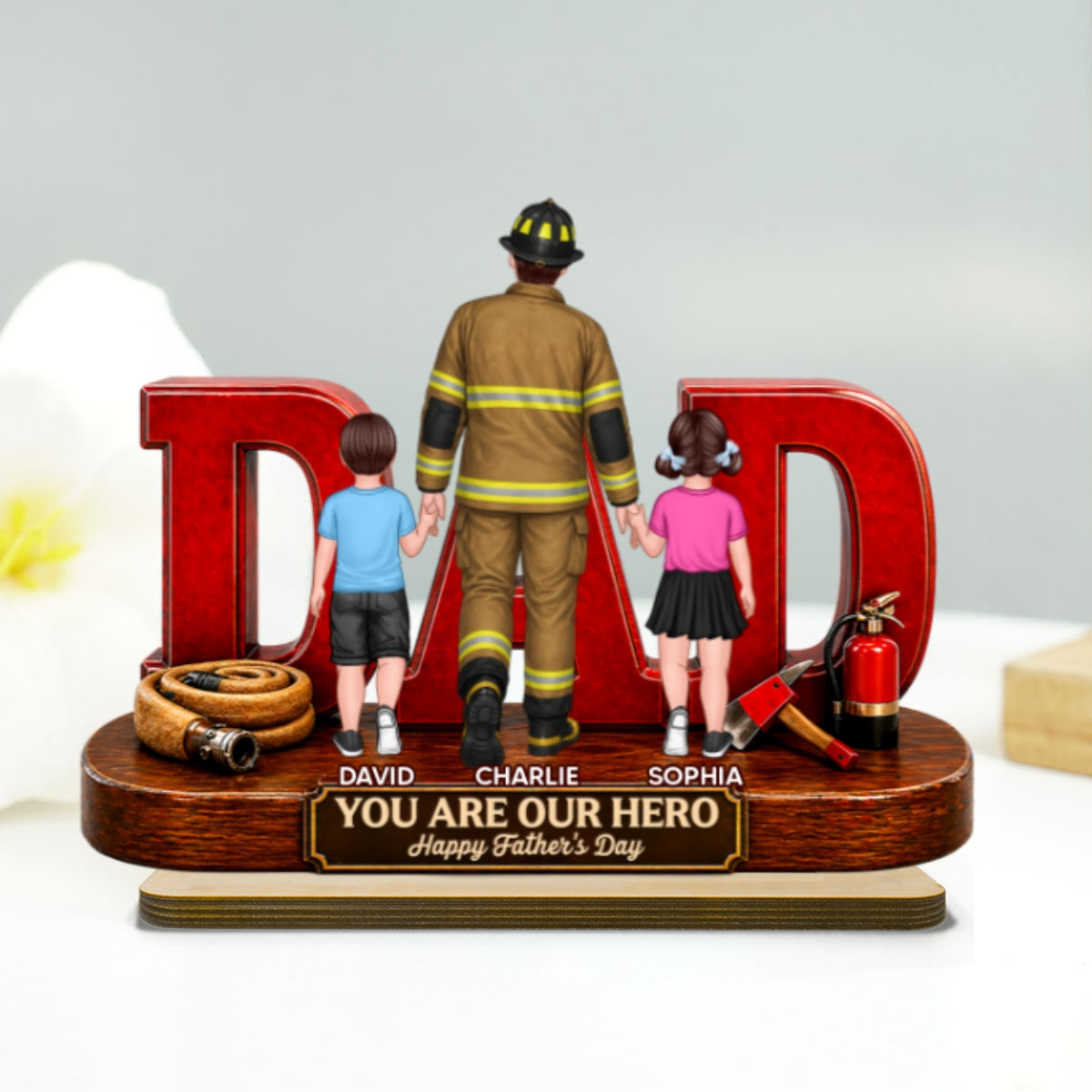 Proud Firefighter Dad You Are Our Hero - Personalized 2-Layered Wooden Plaque - Unique Birthday Gift For Dad