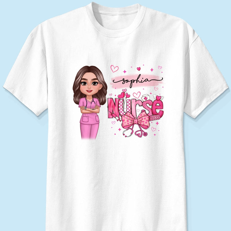 Nurse Pink Coquette Bow Personalized Shirt, Birthday Gift For Nurse Wife Girlfriend Bestie