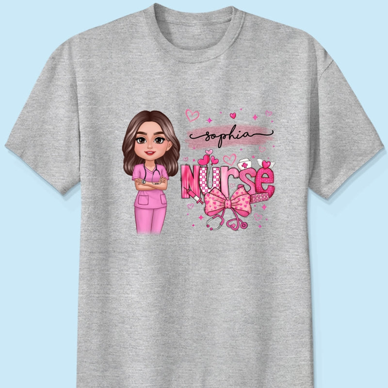 Nurse Pink Coquette Bow Personalized Shirt, Birthday Gift For Nurse Wife Girlfriend Bestie