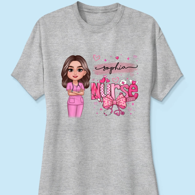 Nurse Pink Coquette Bow Personalized Shirt, Birthday Gift For Nurse Wife Girlfriend Bestie