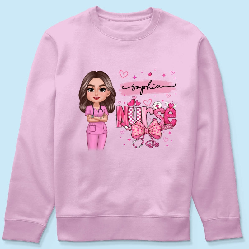 Nurse Pink Coquette Bow Personalized Shirt, Birthday Gift For Nurse Wife Girlfriend Bestie