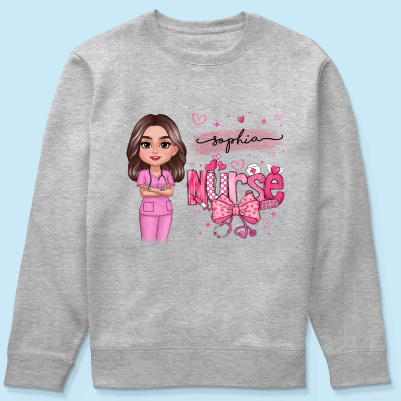 Nurse Pink Coquette Bow Personalized Shirt, Birthday Gift For Nurse Wife Girlfriend Bestie