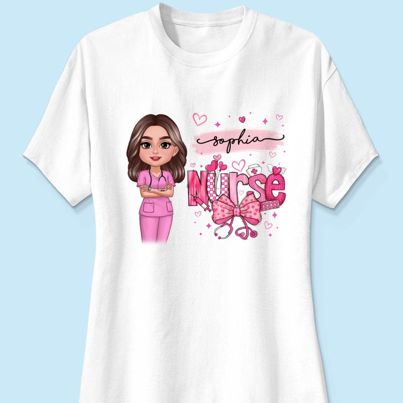 Nurse Pink Coquette Bow Personalized Shirt, Birthday Gift For Nurse Wife Girlfriend Bestie
