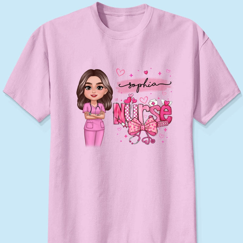 Nurse Pink Coquette Bow Personalized Shirt, Birthday Gift For Nurse Wife Girlfriend Bestie