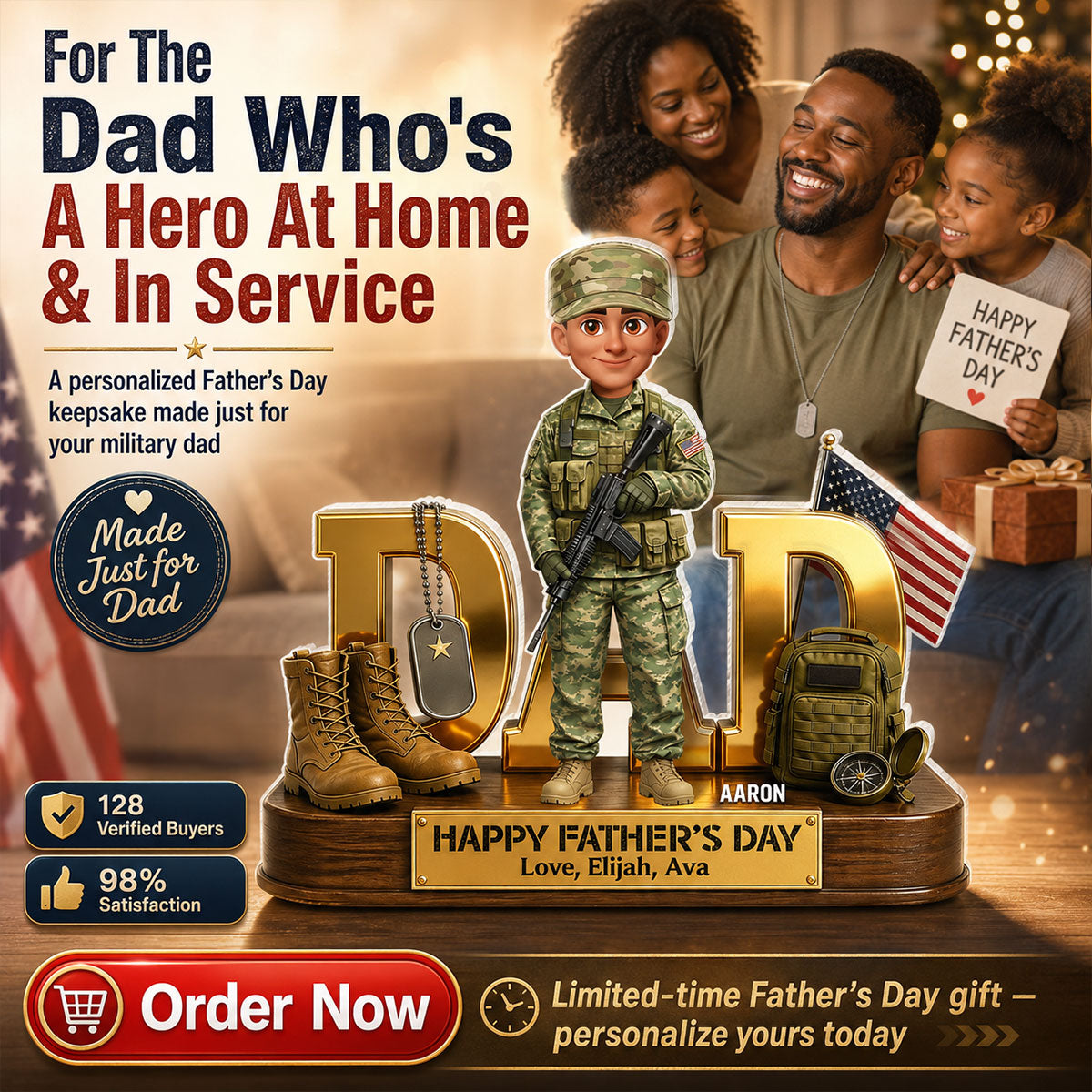Proud American Military Armed Force Hero Dad 2D Flat - Personalized Acrylic Block Plaque - Gift For Dad
