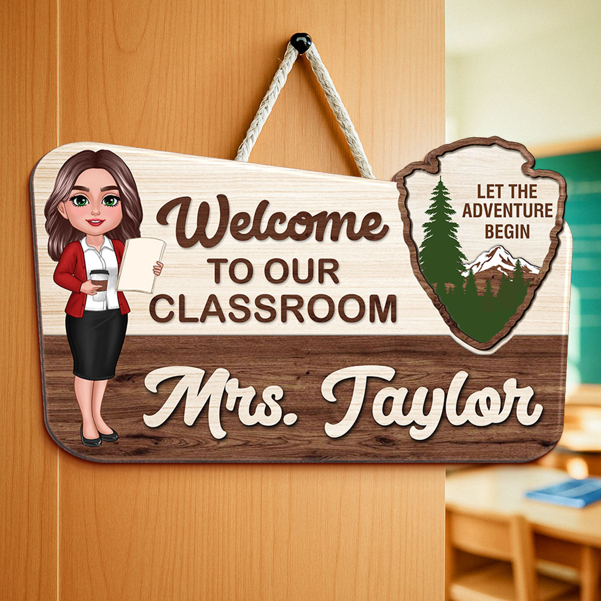 Let The Adventure Begin Personalized Wood Door Sign, Classroom Decor, Gift For Teacher