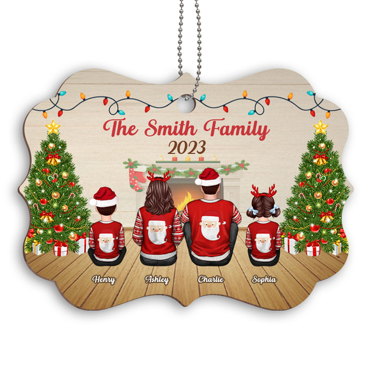 Family Sitting Back View In House Personalized Wooden Ornament