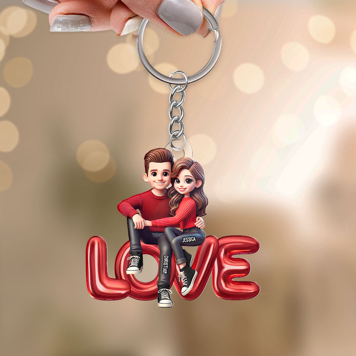 3D Effect Couple Sitting On LOVE Personalized Acrylic Keychain, gift, Anniversary Gift for Couples