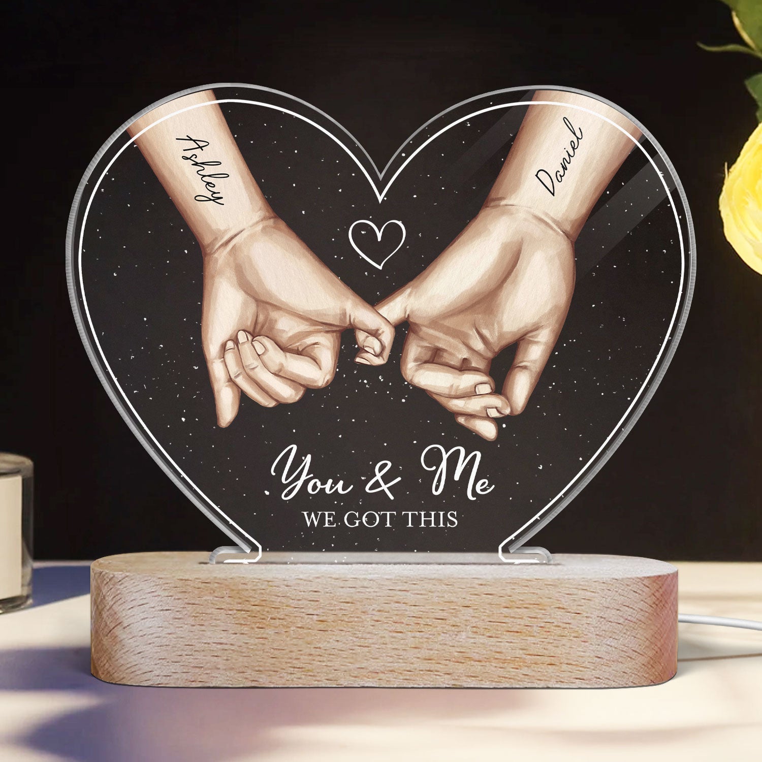 Personalized Couple Hands Pinky Promise Acrylic Heart LED Night Light, gift, Anniversary Gift for Couples