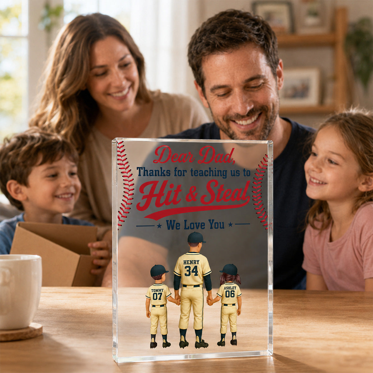 Thank You For Teaching Us To Hit & Steal Baseball Dad & Kids - Personalized Acrylic Block Plaque - Gift For Dad, Husband
