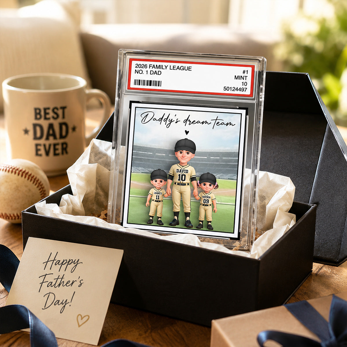 Baseball No. 1 Dad Man & Kids Standing On Court Trading Card Style - Personalized Acrylic Block Plaque - Gift For Baseball Dad