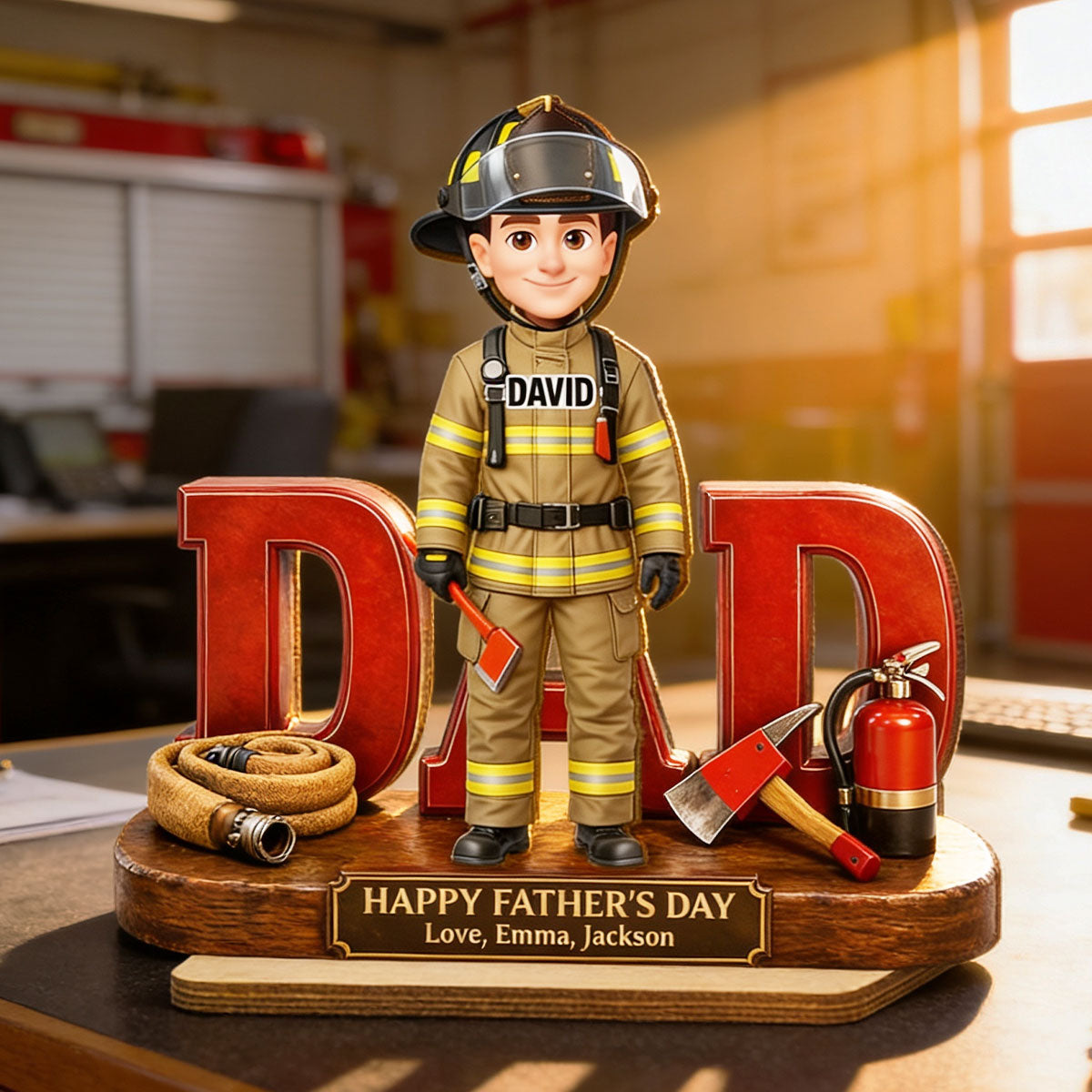 Proud American Firefighter Dad - Personalized 2-Layered Wooden Plaque - Gift For Dad