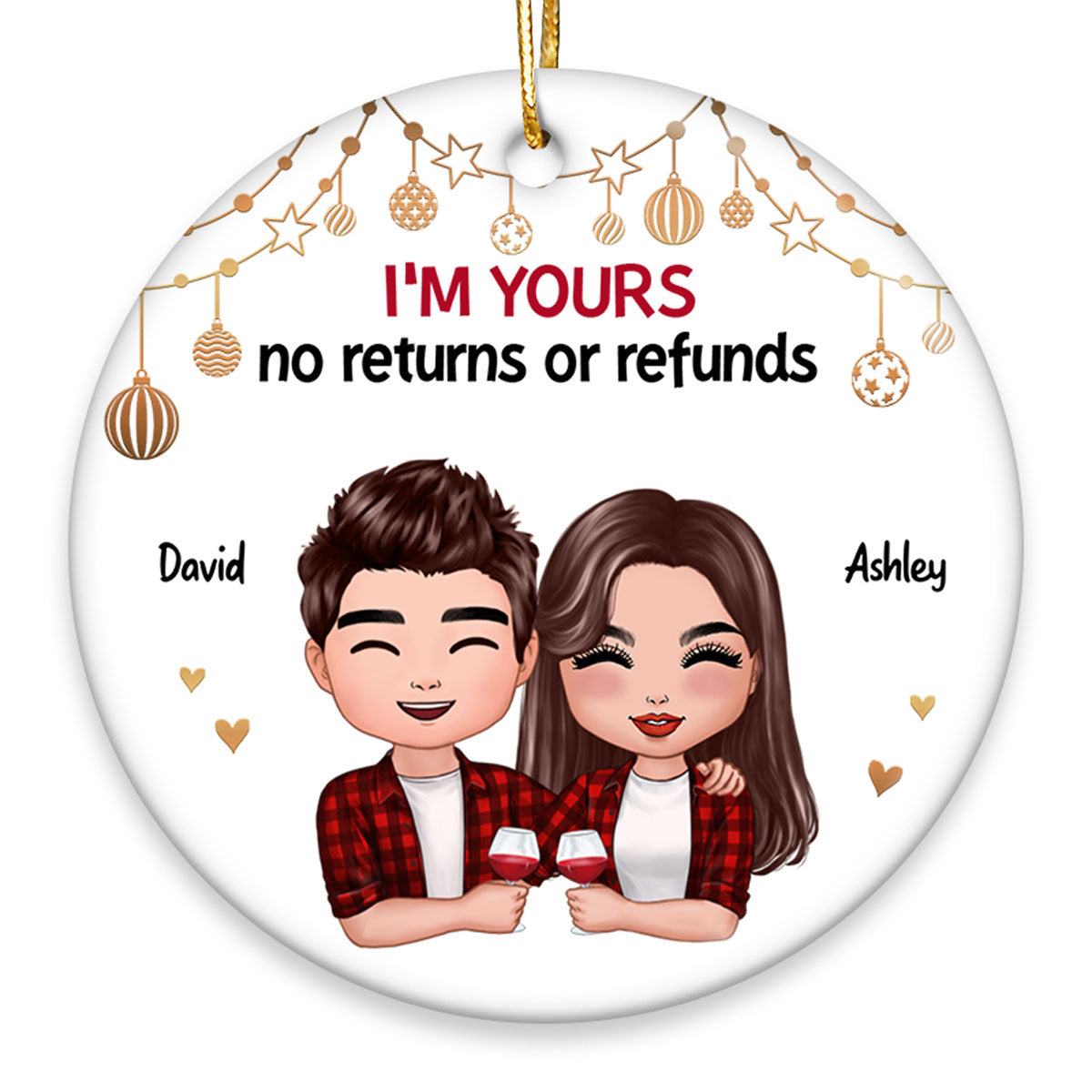 Doll Couple Hugging Holding Drinks Christmas Personalized Circle Ornament